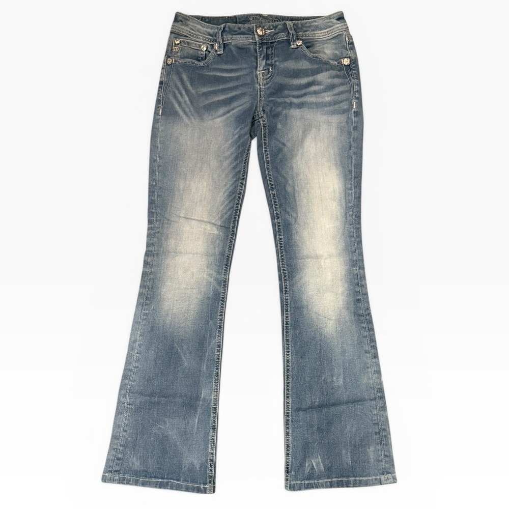 Miss Me Signature Bootcut Jeans Medium Wash Bling Flap Size 26x28 Short Y2K - Picture 2 of 12